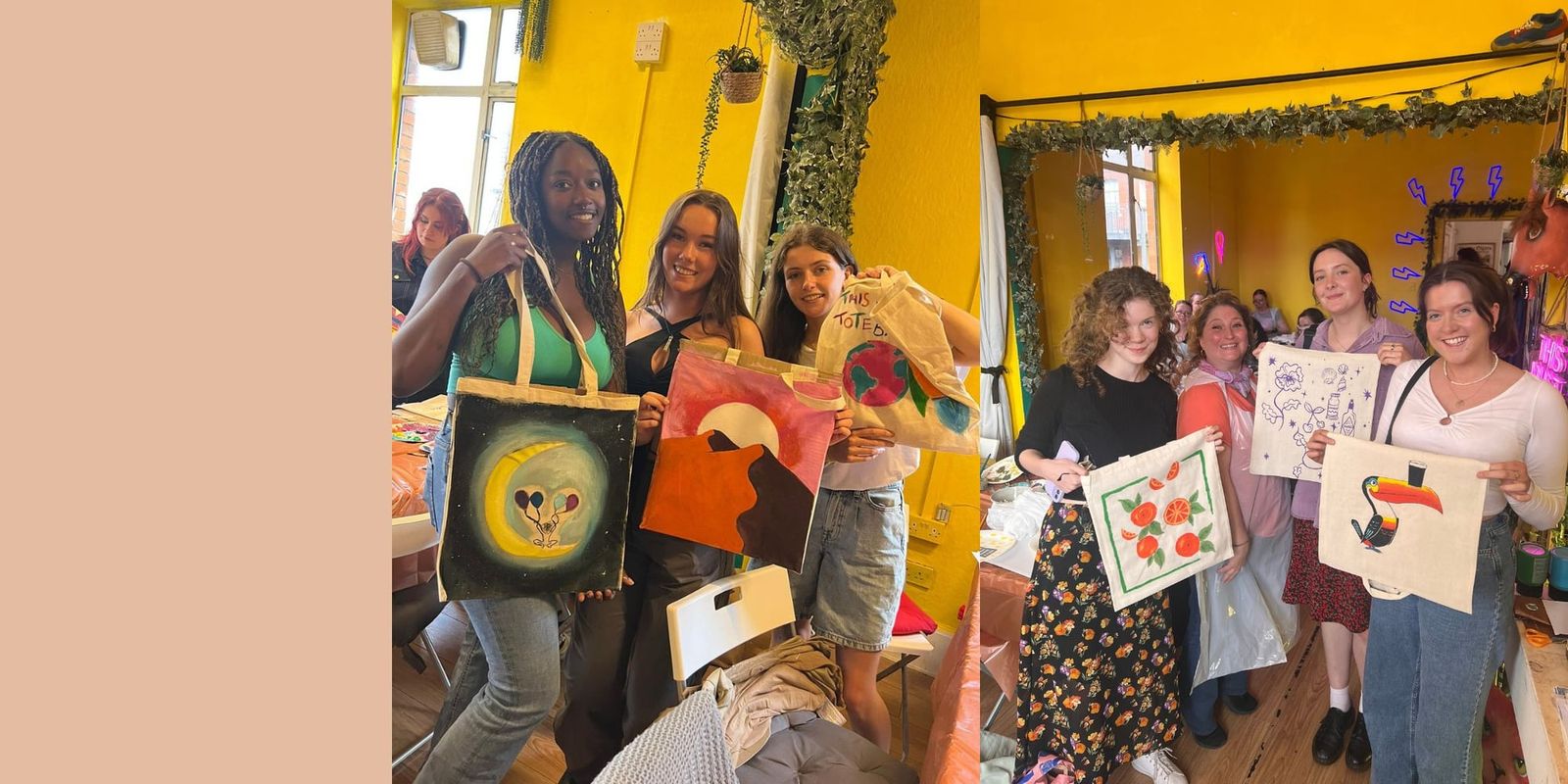 Group of smiling guests holding up their painted tote bags after a workshop